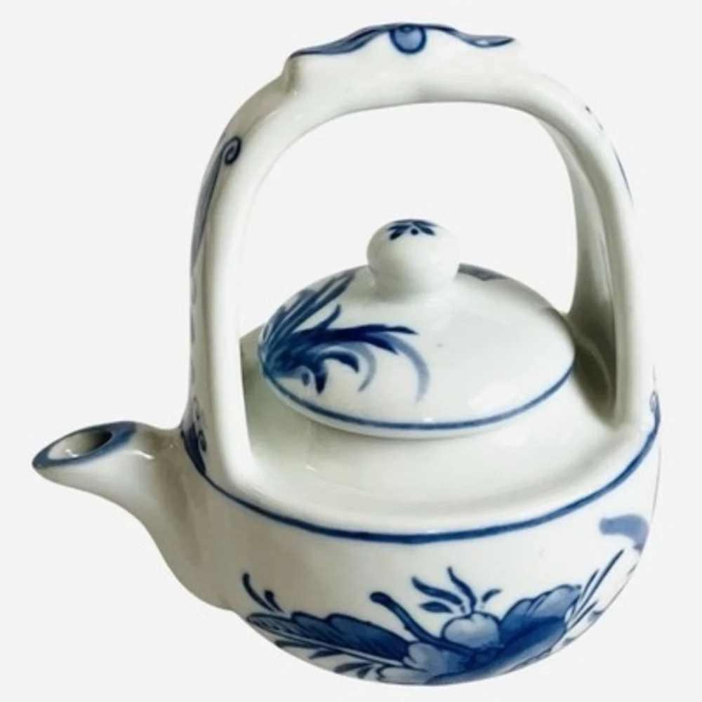 Chinoiserie Style Small Ceramic Teapot - Blue and White Hand Painted Floral
